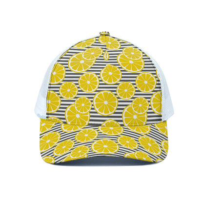 Lemon Striped Pattern Print White Mesh Trucker Cap