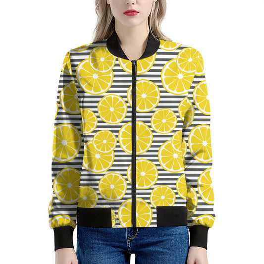 Lemon Striped Pattern Print Women's Bomber Jacket