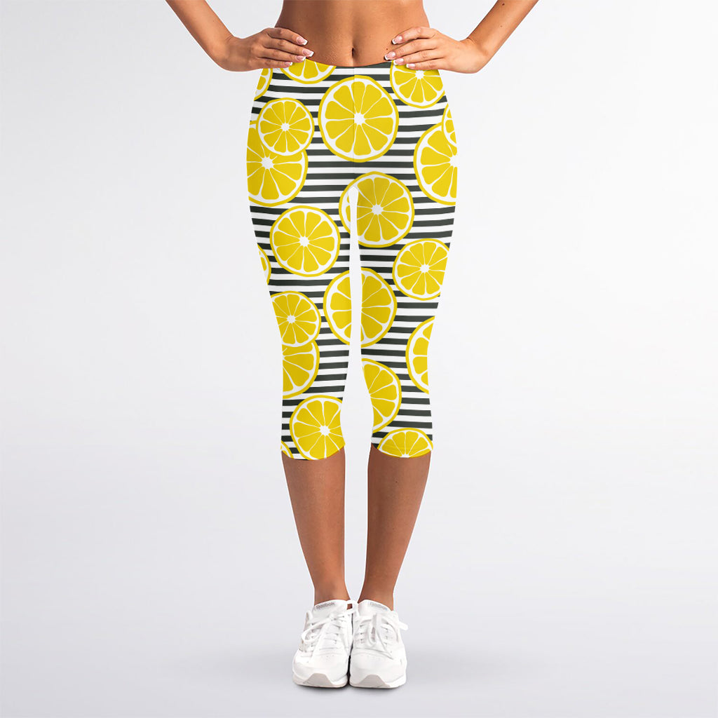 Lemon Striped Pattern Print Women's Capri Leggings