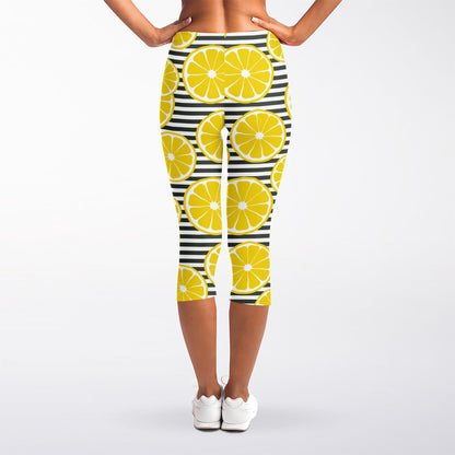 Lemon Striped Pattern Print Women's Capri Leggings