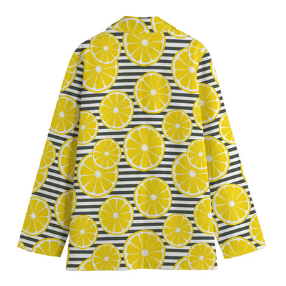 Lemon Striped Pattern Print Women's Cotton Blazer