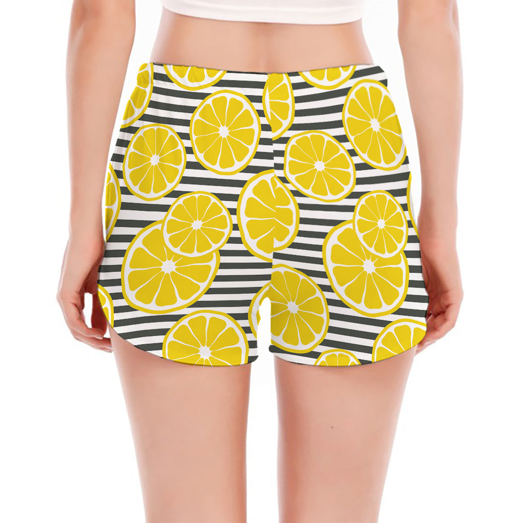 Lemon Striped Pattern Print Women's Split Running Shorts