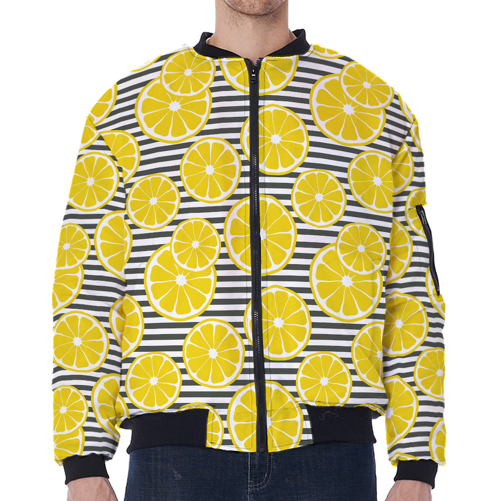 Lemon Striped Pattern Print Zip Sleeve Bomber Jacket