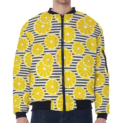 Lemon Striped Pattern Print Zip Sleeve Bomber Jacket