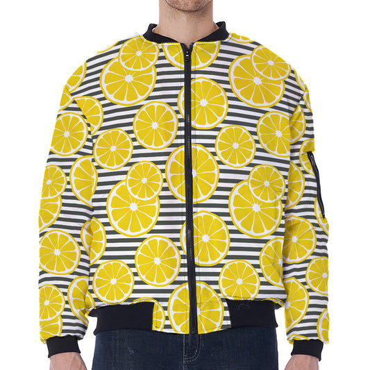 Lemon Striped Pattern Print Zip Sleeve Bomber Jacket