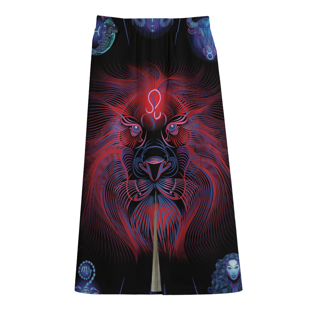 Leo And Astrological Signs Print Cotton Front Slit Maxi Skirt