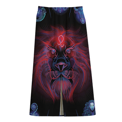 Leo And Astrological Signs Print Cotton Front Slit Maxi Skirt