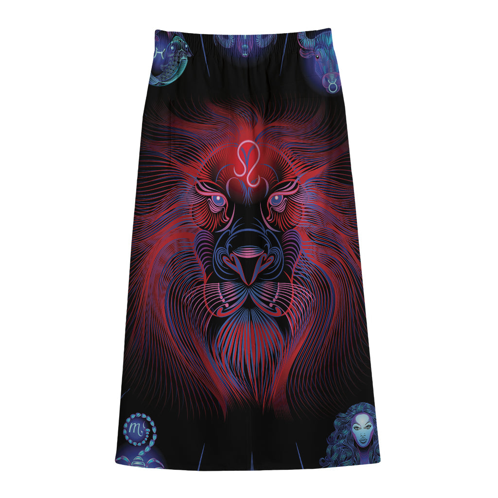 Leo And Astrological Signs Print Cotton Front Slit Maxi Skirt