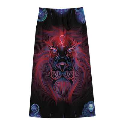 Leo And Astrological Signs Print Cotton Front Slit Maxi Skirt