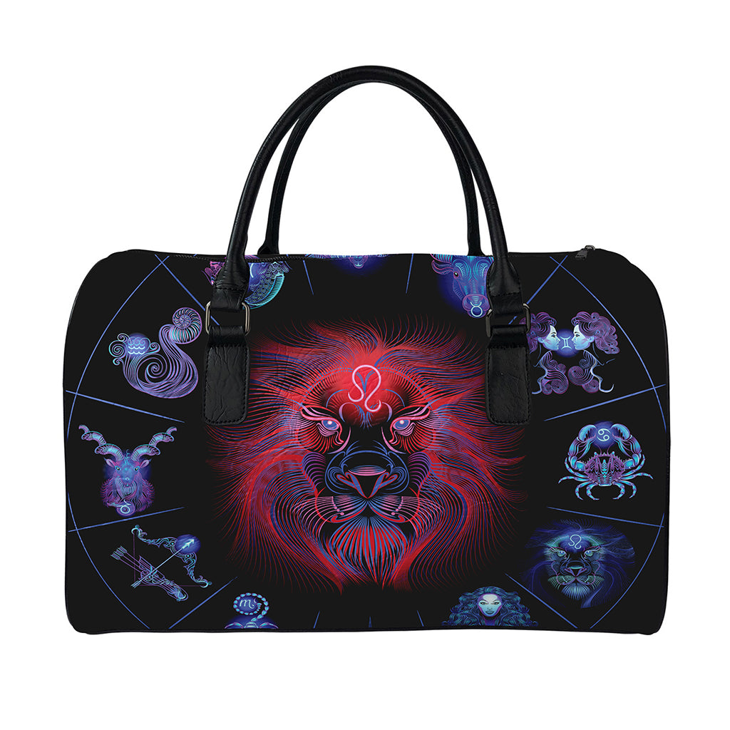Leo And Astrological Signs Print Leather Duffle Bag