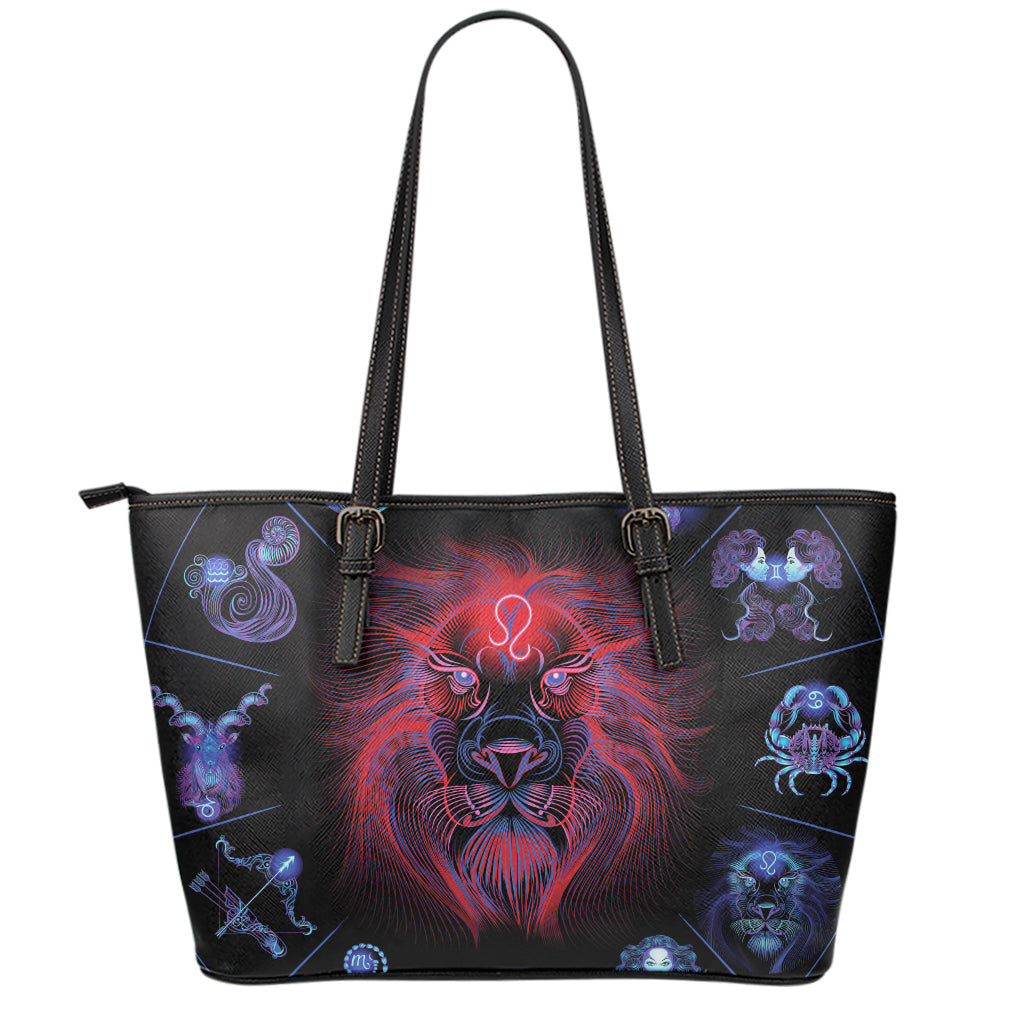 Leo And Astrological Signs Print Leather Tote Bag