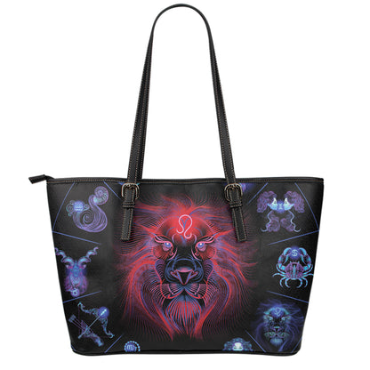 Leo And Astrological Signs Print Leather Tote Bag