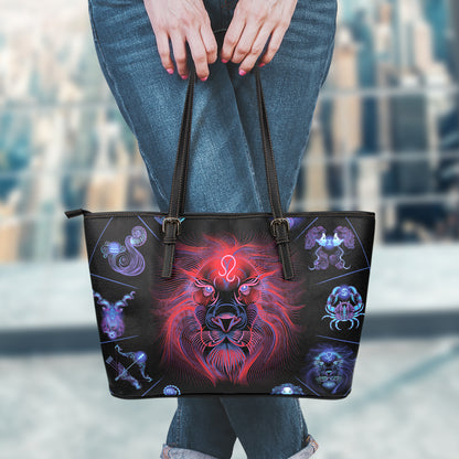 Leo And Astrological Signs Print Leather Tote Bag
