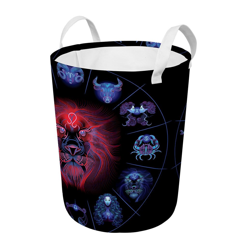 Leo And Astrological Signs Print Round Laundry Basket