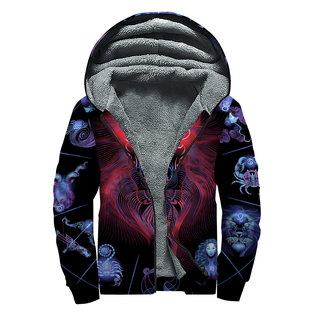 Leo And Astrological Signs Print Sherpa Lined Zip Up Hoodie