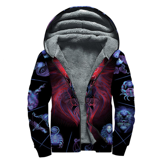 Leo And Astrological Signs Print Sherpa Lined Zip Up Hoodie