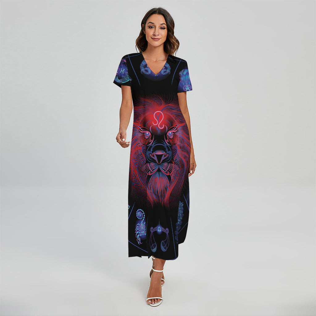 Leo And Astrological Signs Print Short Sleeve Maxi Dress