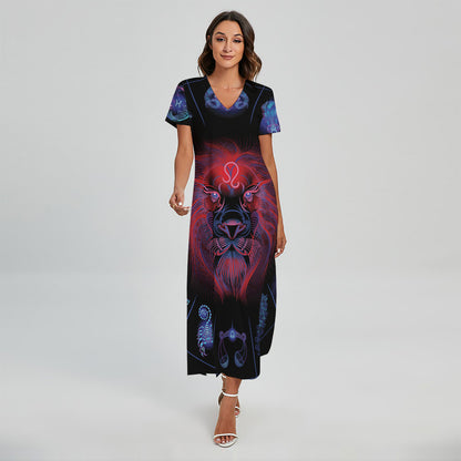 Leo And Astrological Signs Print Short Sleeve Maxi Dress
