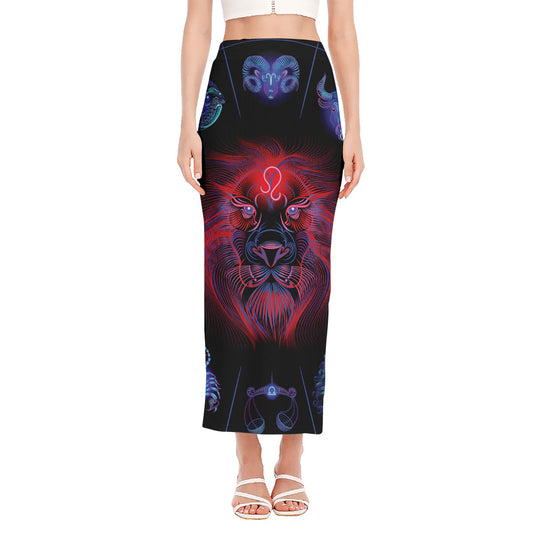 Leo And Astrological Signs Print Side Slit Maxi Skirt
