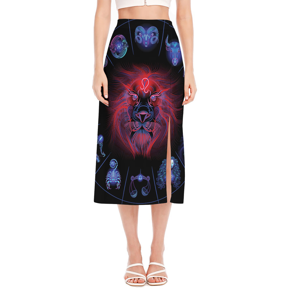 Leo And Astrological Signs Print Side Slit Midi Skirt