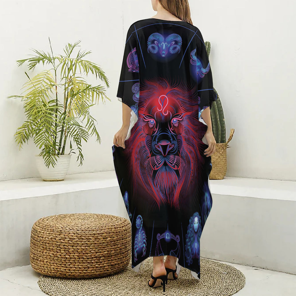 Leo And Astrological Signs Print Silk V-Neck Kaftan Dress