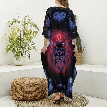 Leo And Astrological Signs Print Silk V-Neck Kaftan Dress