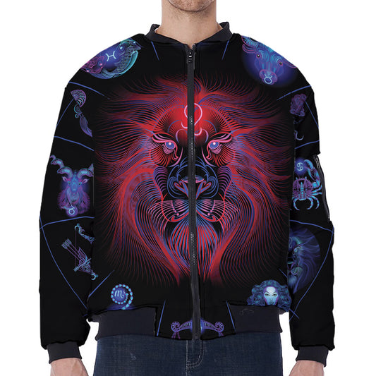 Leo And Astrological Signs Print Zip Sleeve Bomber Jacket