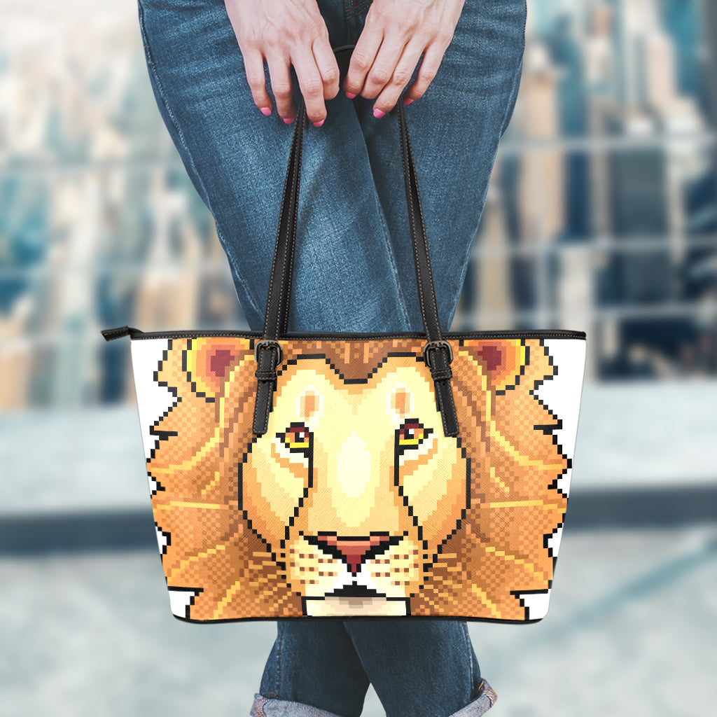 Leo Pixel Print Leather Tote Bag