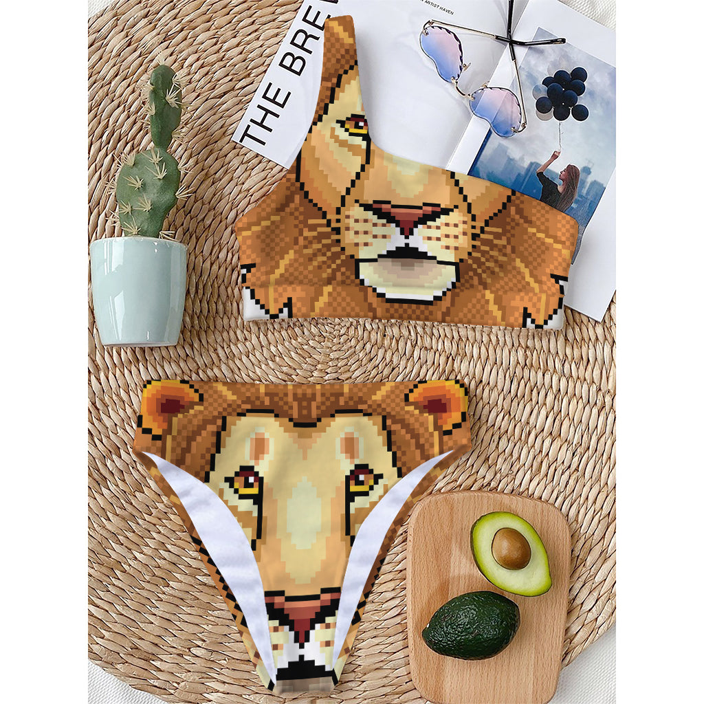Leo Pixel Print One Shoulder Bikini Top