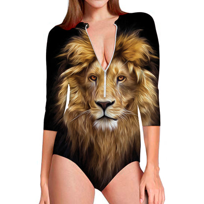 Leo Portrait Print Long Sleeve Swimsuit