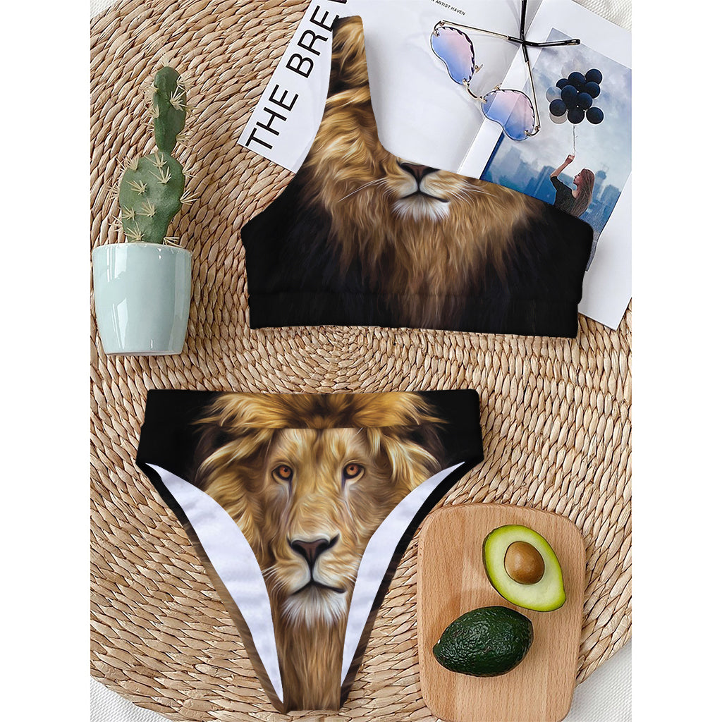 Leo Portrait Print One Shoulder Bikini Top