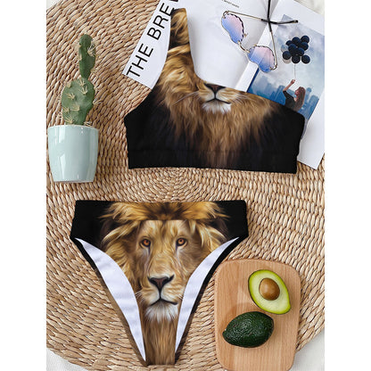 Leo Portrait Print One Shoulder Bikini Top