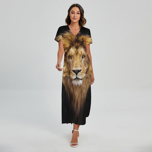 Leo Portrait Print Short Sleeve Maxi Dress