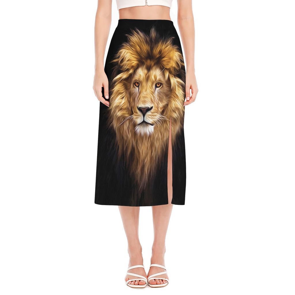 Leo Portrait Print Side Slit Midi Skirt