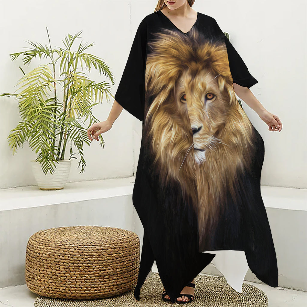 Leo Portrait Print Silk V-Neck Kaftan Dress