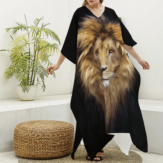 Leo Portrait Print Silk V-Neck Kaftan Dress