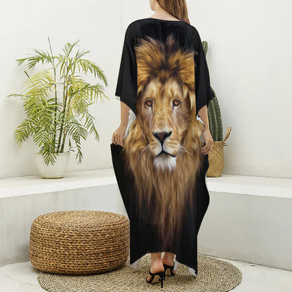 Leo Portrait Print Silk V-Neck Kaftan Dress