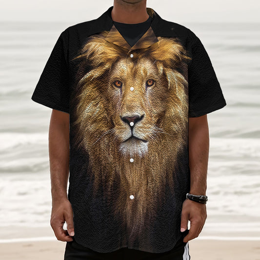 Leo Portrait Print Textured Short Sleeve Shirt
