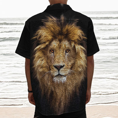 Leo Portrait Print Textured Short Sleeve Shirt
