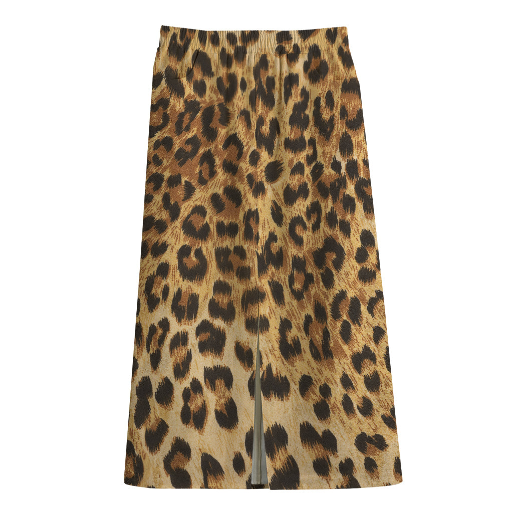 Leopard Pattern Print Cotton Front Slit Maxi Skirt