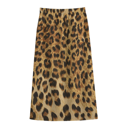 Leopard Pattern Print Cotton Front Slit Maxi Skirt