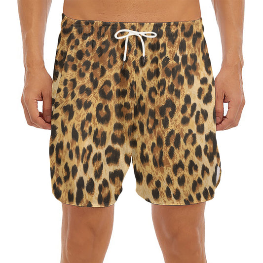 Leopard Pattern Print Men's Split Running Shorts