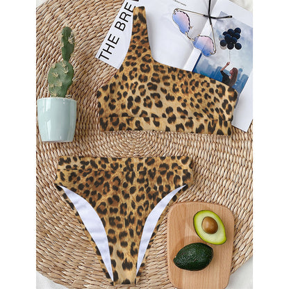 Leopard Pattern Print One Shoulder Bikini Top