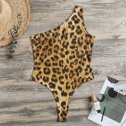 Leopard Pattern Print One Shoulder Bodysuit