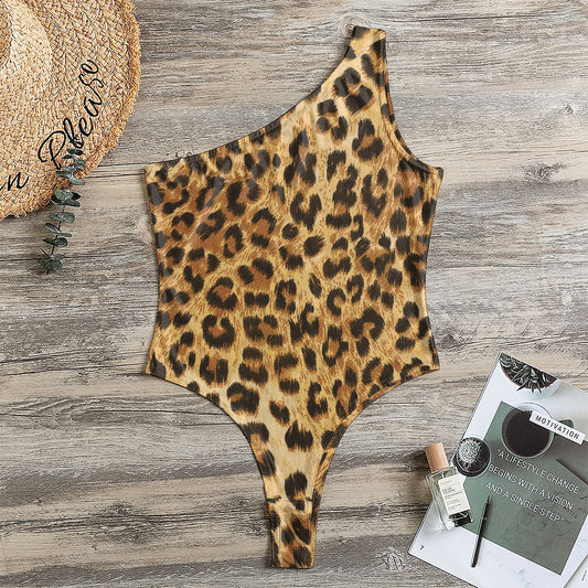 Leopard Pattern Print One Shoulder Bodysuit