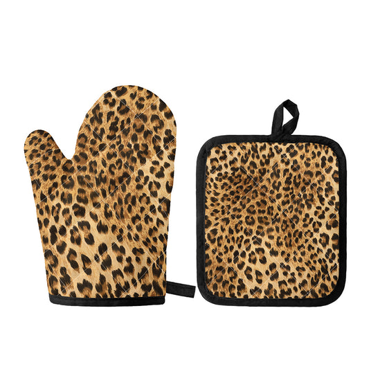 Leopard Pattern Print Oven Mitt And Pot Holder Set