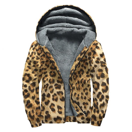 Leopard Pattern Print Sherpa Lined Zip Up Hoodie