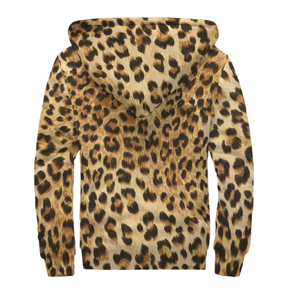 Leopard Pattern Print Sherpa Lined Zip Up Hoodie