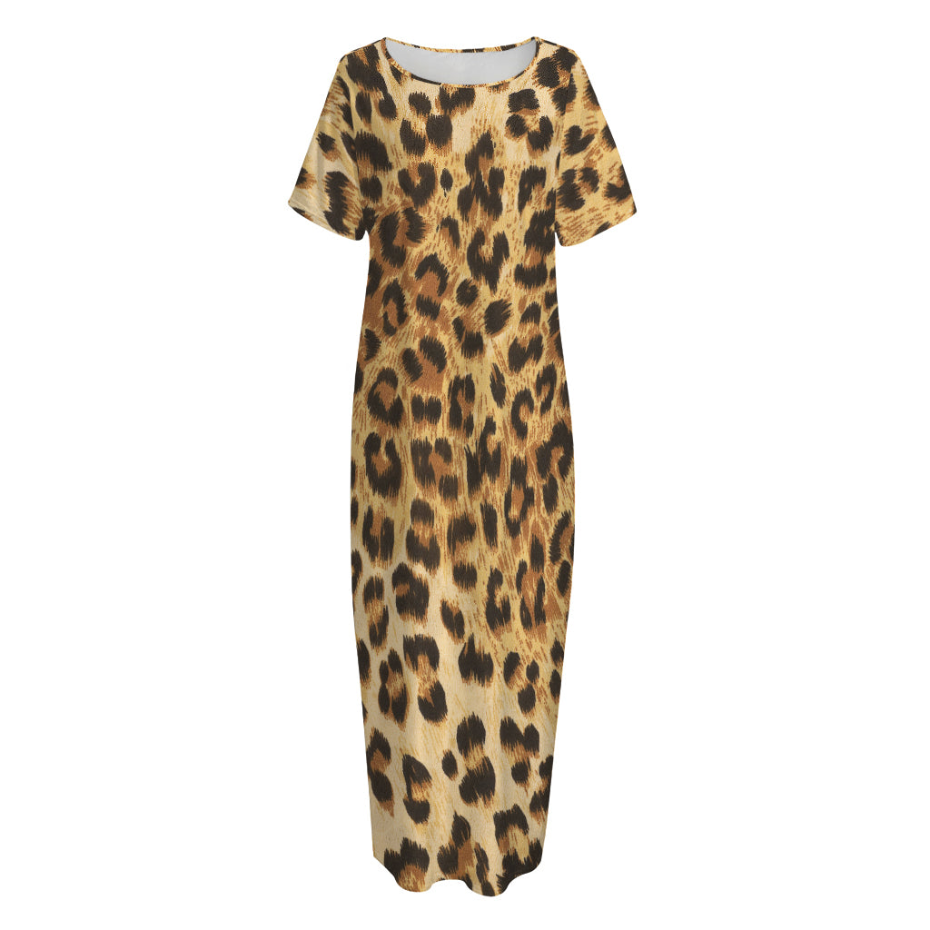 Leopard Pattern Print Short Sleeve Long Nightdress
