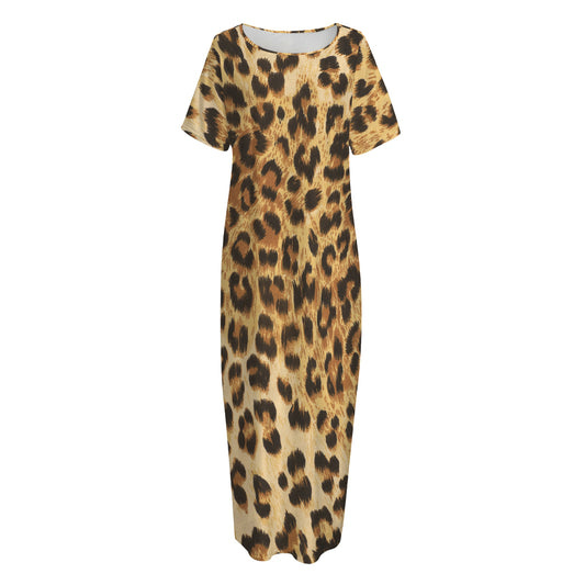 Leopard Pattern Print Short Sleeve Long Nightdress